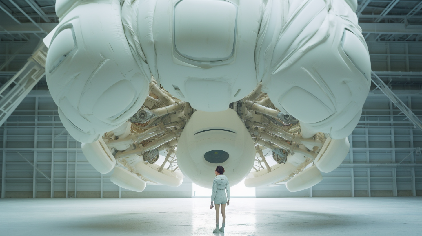 Girl in front of giant white spacecraft