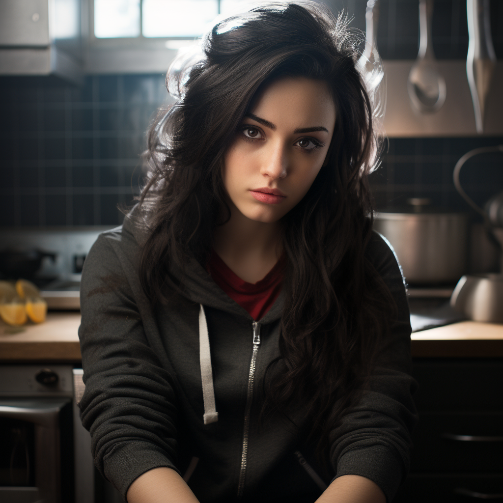 Girl in Kitchen, Waist Up Shot