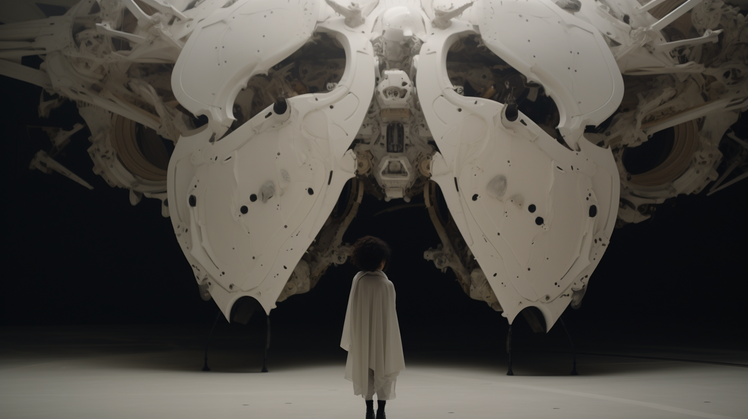 Girl in front of giant white spacecraft