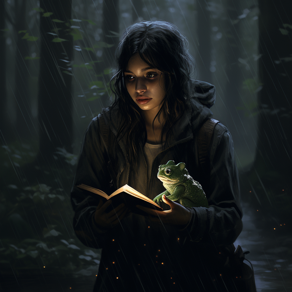 Girl carrying frog in rainy forest