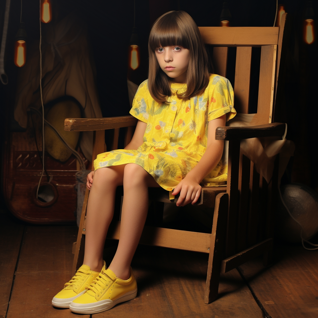 Smiling girl in yellow sundress sitting on an uncomfortable chair