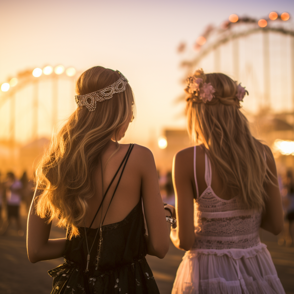 Happy girlfriends enjoying Coachella's music festival vibes