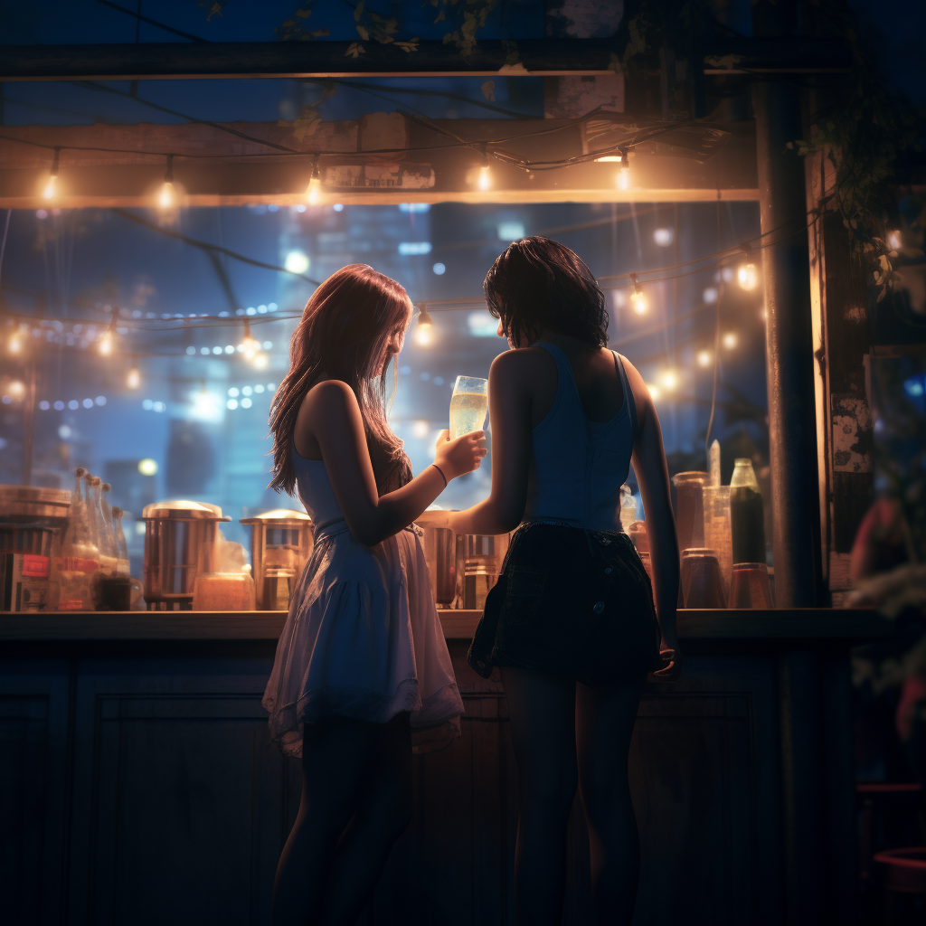 Two girls holding hands in front of a bar