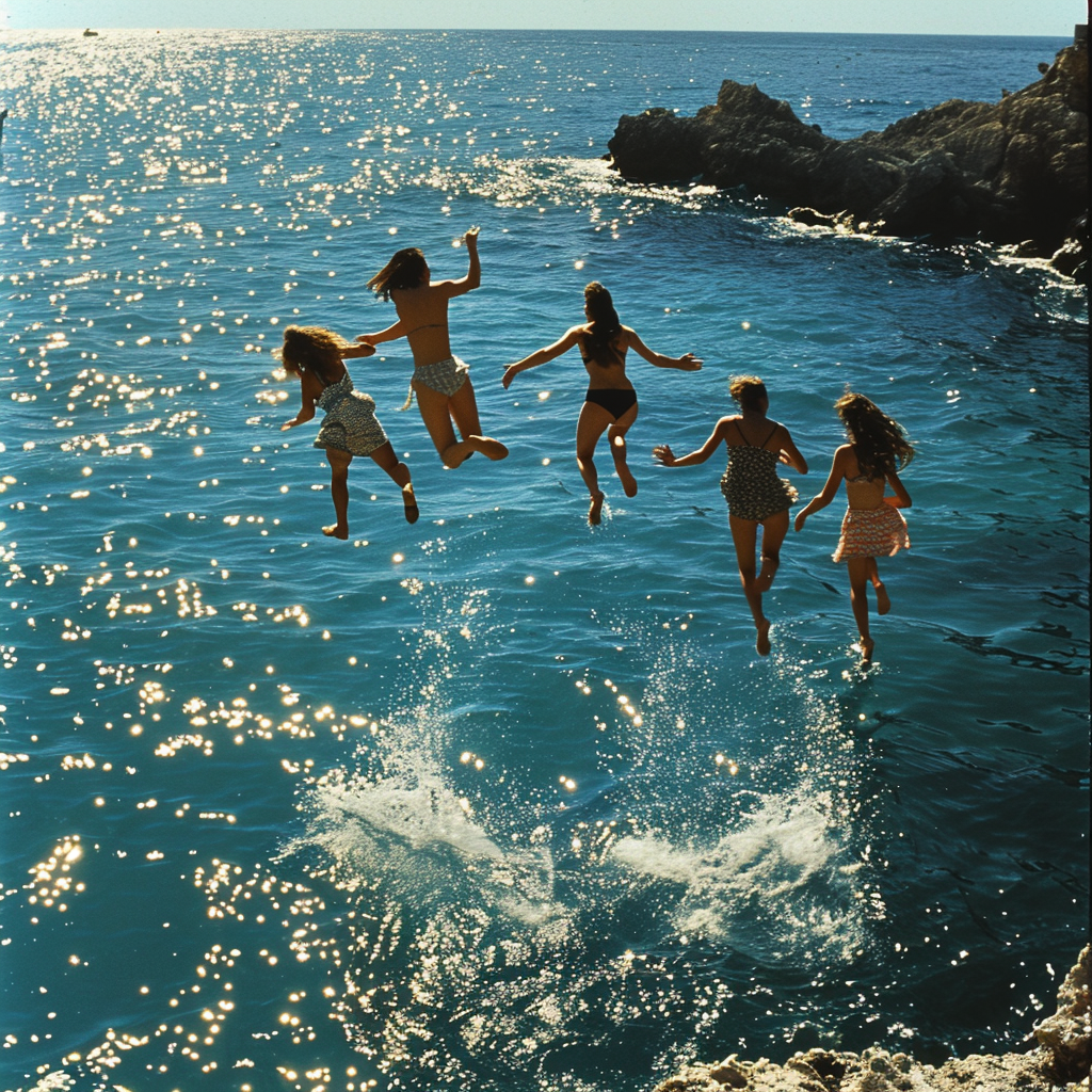 Four girls jumping blue sea