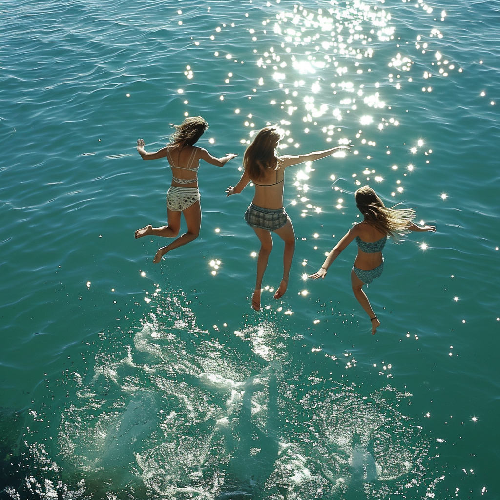 Girls Jumping into Blue Sea