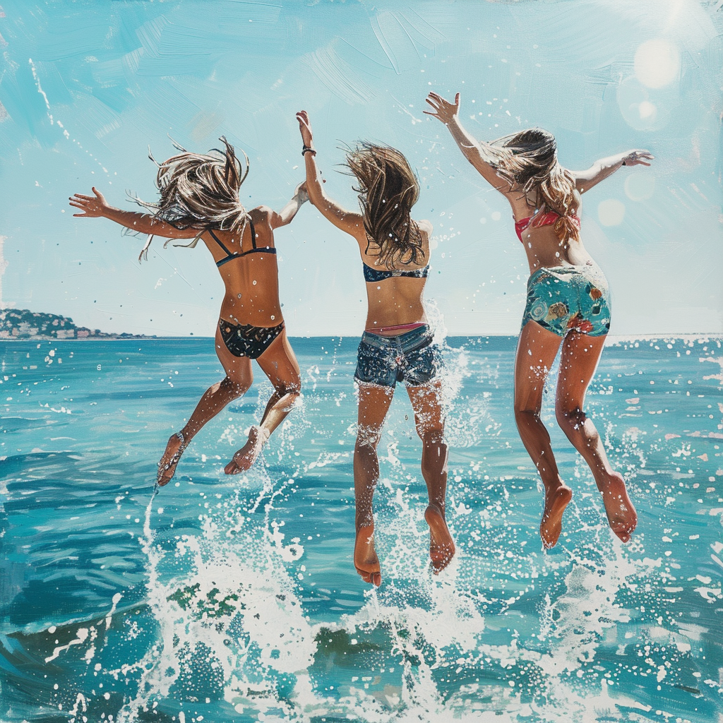 Girls jumping in sea sunlight