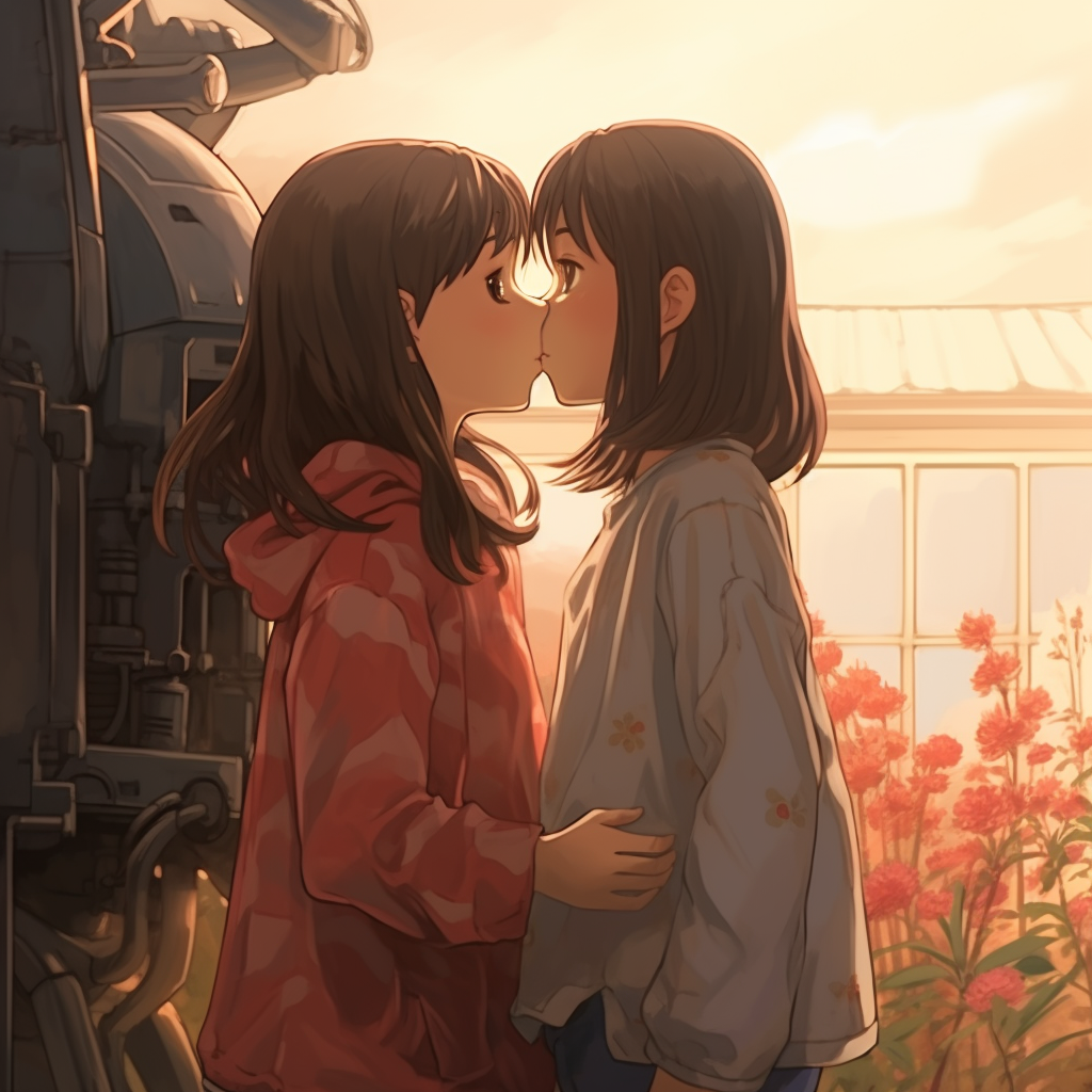 Two girls kissing Ghibli style