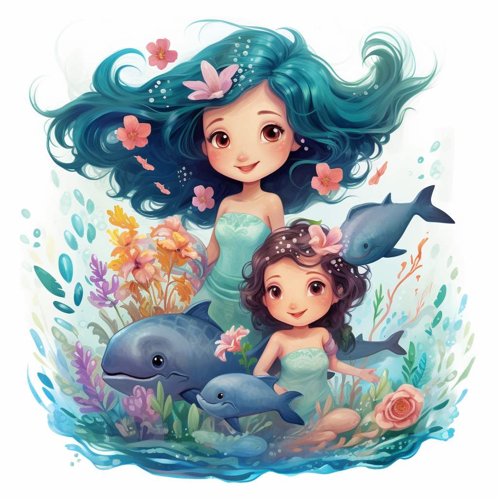 Girls playing with dolphins and sea creatures