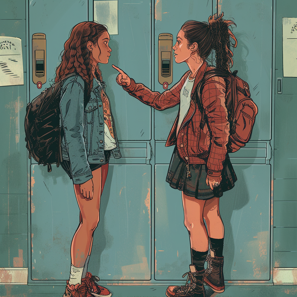 Girls pointing shoes near school locker