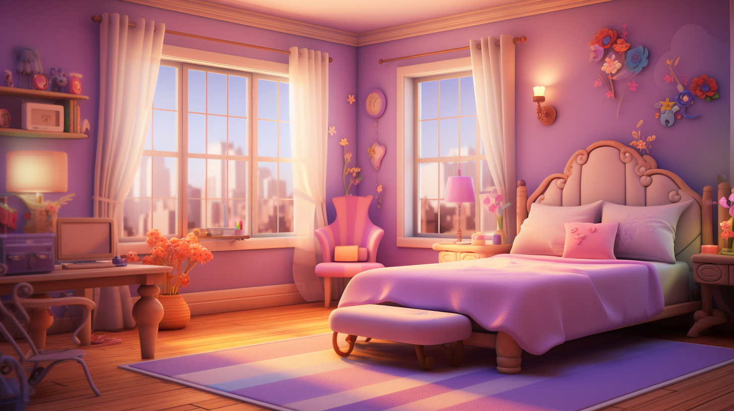 Girly room with pink bed and purple curtains