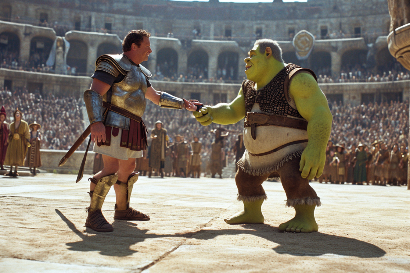 Gladiator handing TV remote control to Shrek