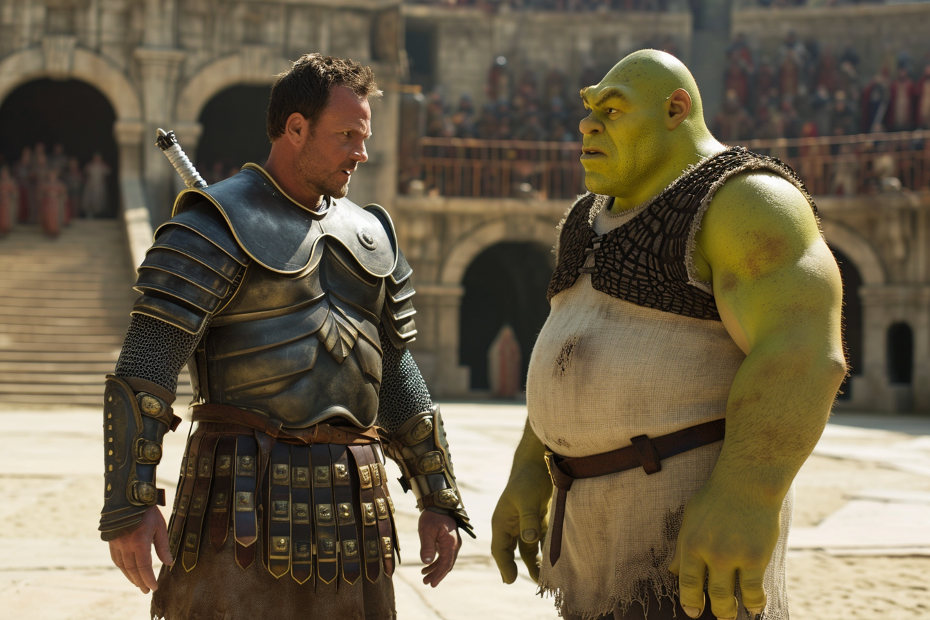 Gladiator handing remote control to Shrek