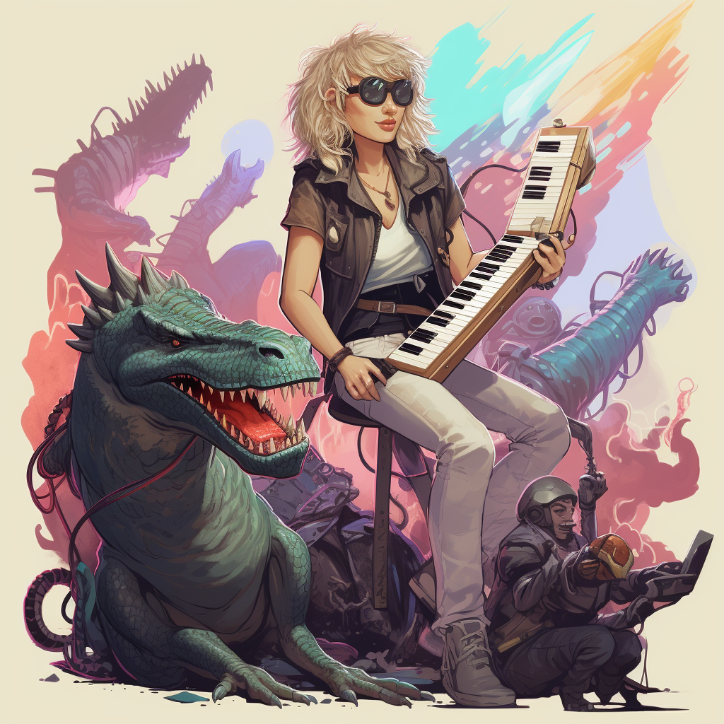 Young woman fighting monsters with keytar