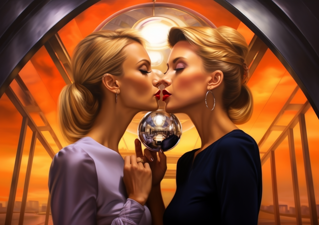 Glamour women kissing passionately in futuristic interior