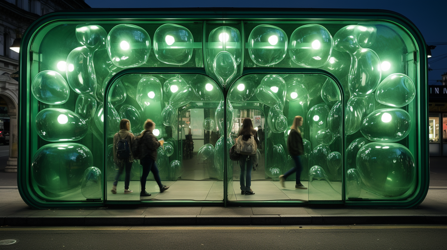 Green glass and Perrier shape bottles in Milan's artistic installation