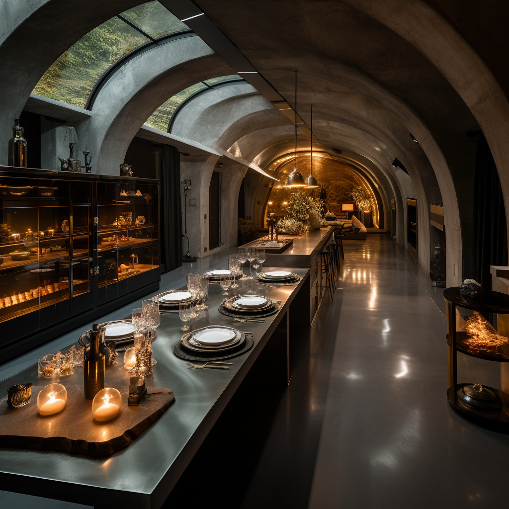 Glass bomb shelter with spacious kitchen design