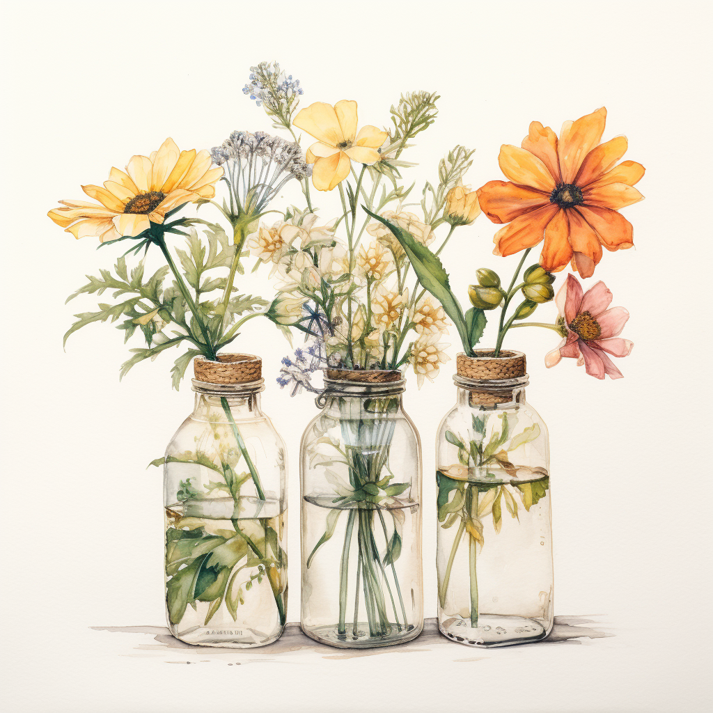 glass bottles with wildflower bouquet