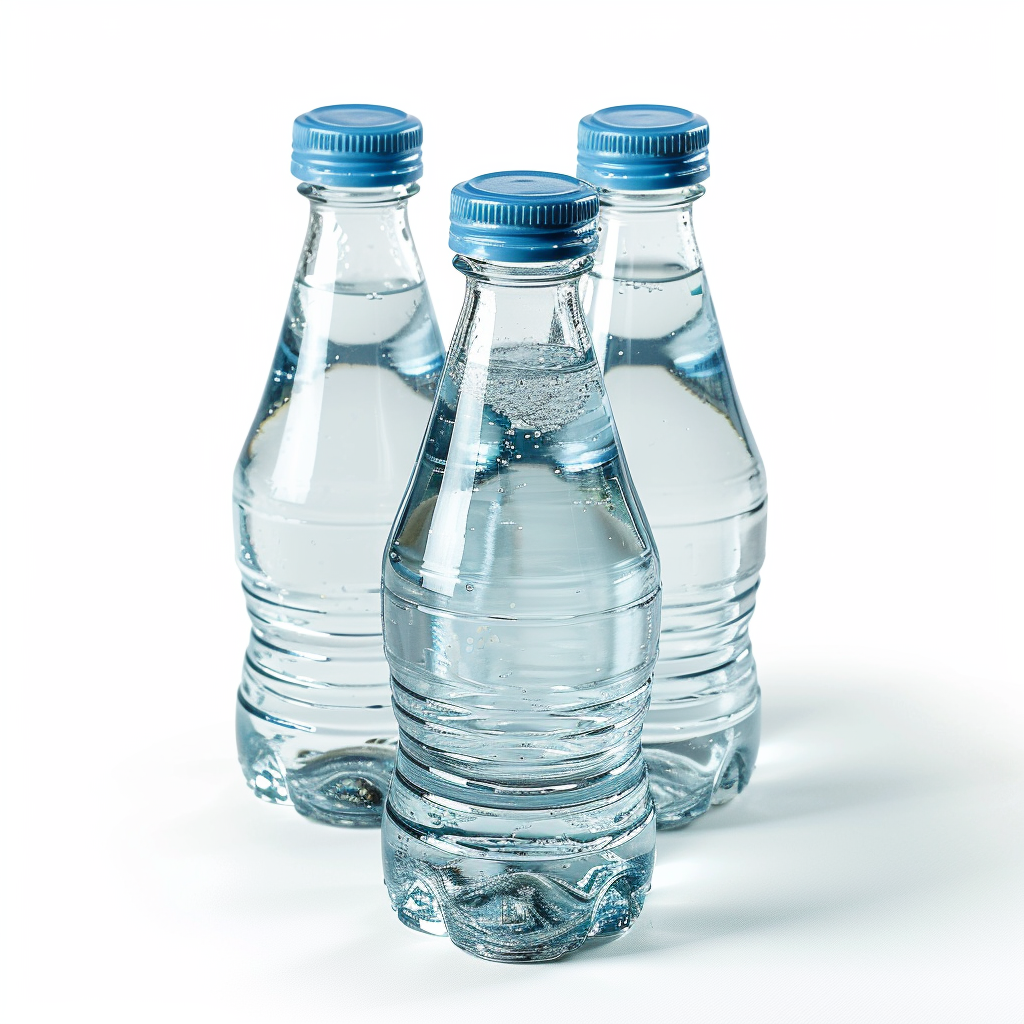 Three glass bottles of water stacked