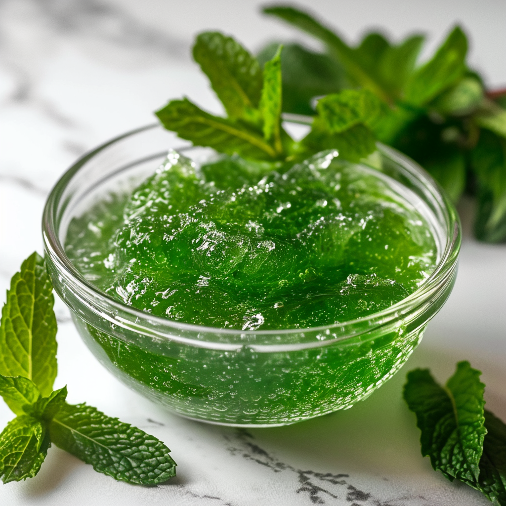 Glass bowl of refreshing mint jelly