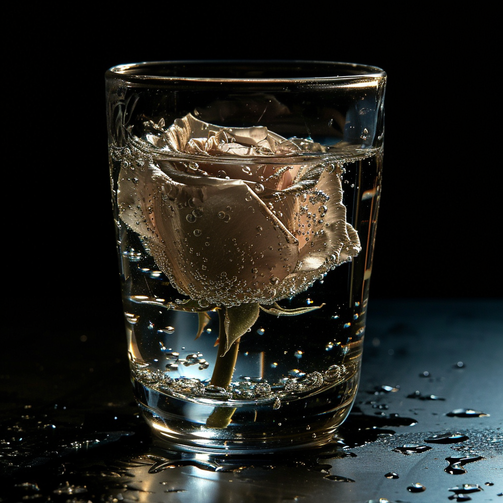 Glass cup with rose-shaped ice cube