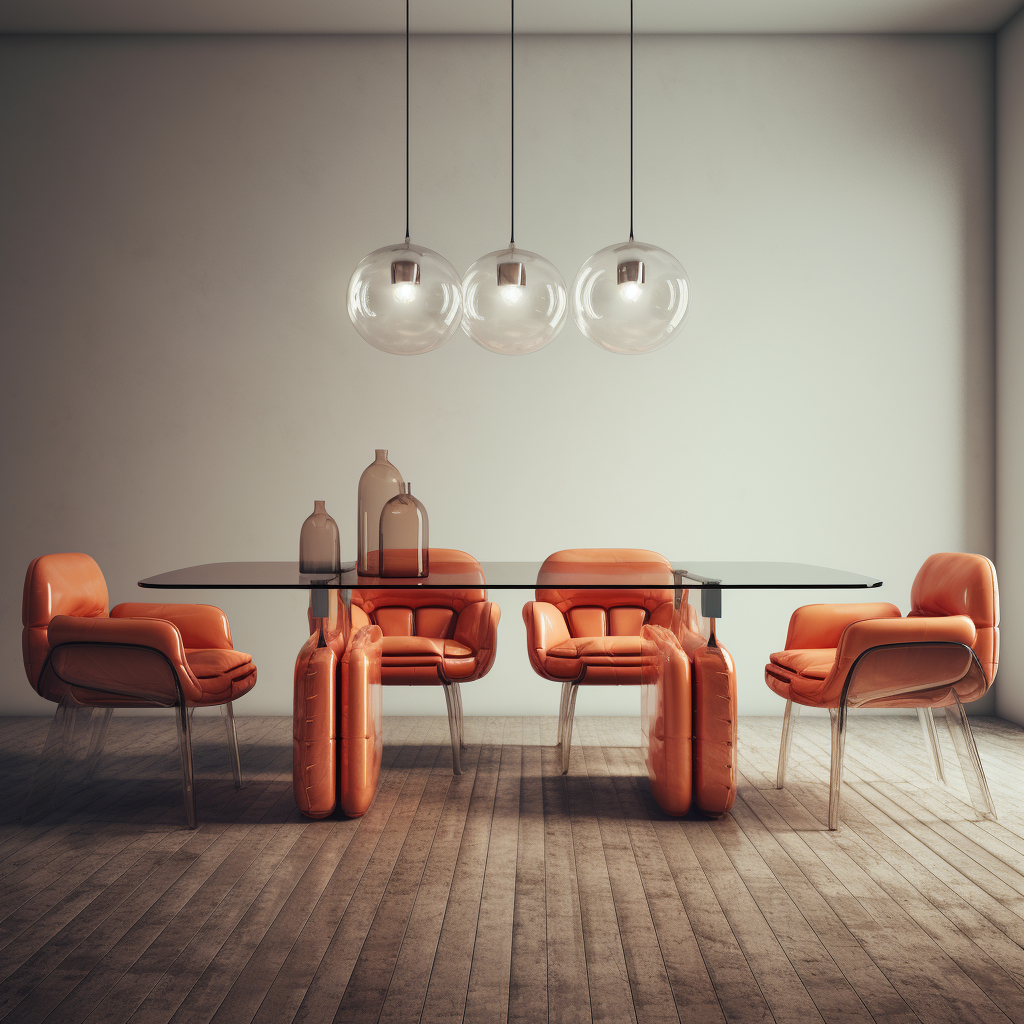 Realistic glass dining table with terracotta vegan leather chairs