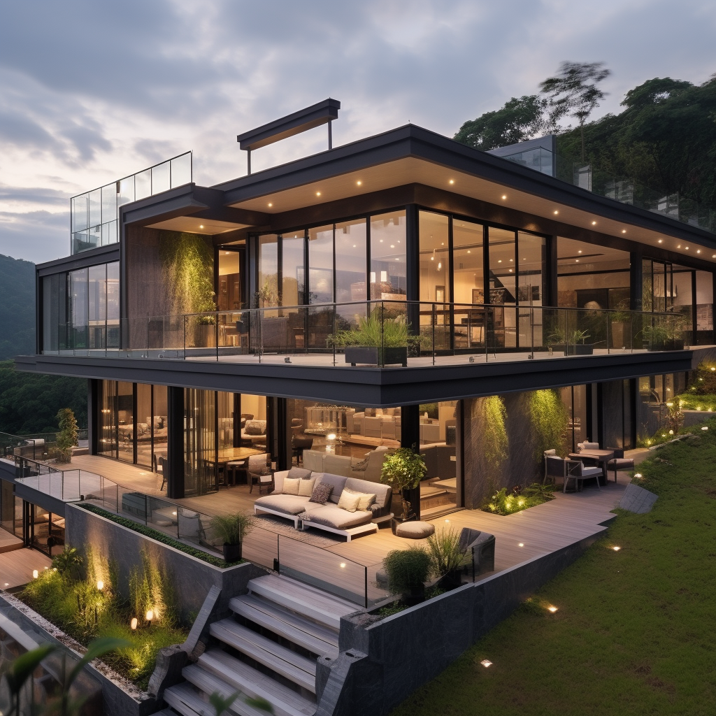 Modern glass house with roof deck and lake view