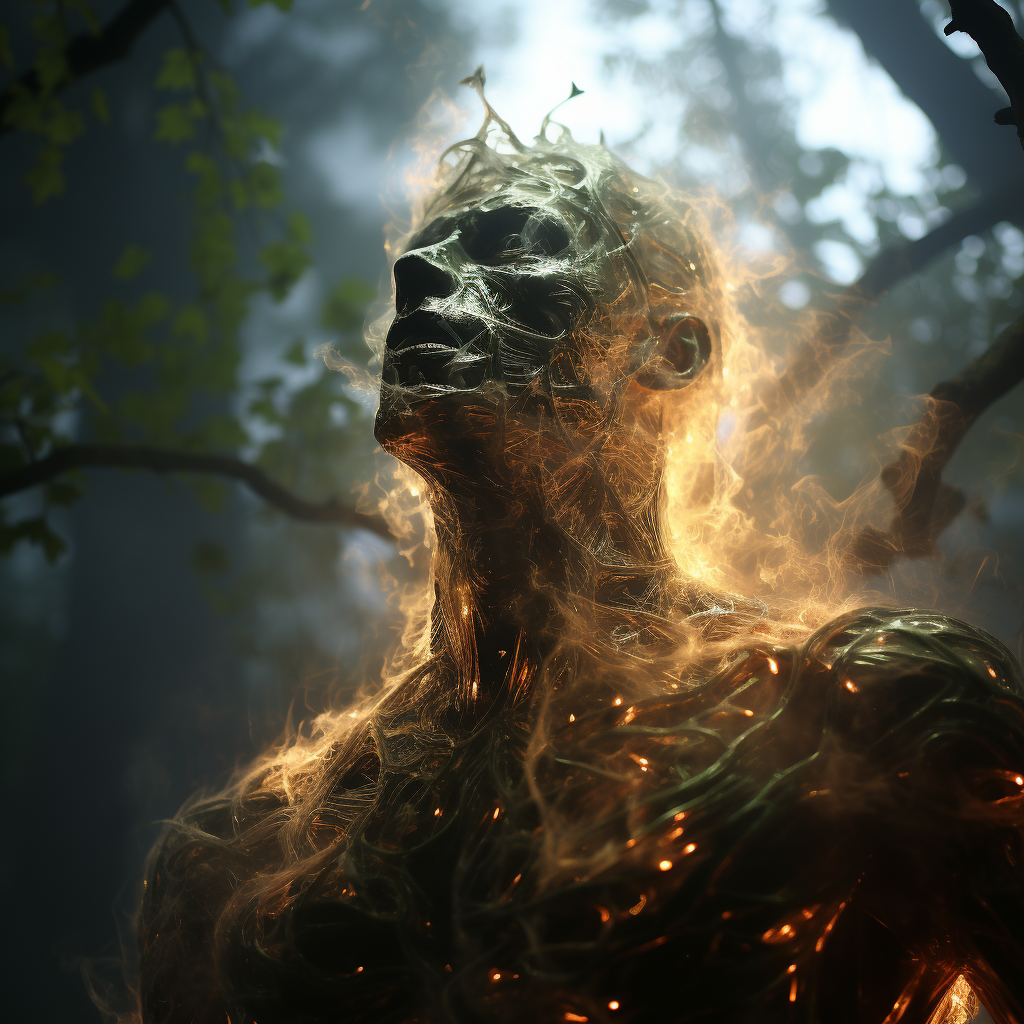 Glass humanoid jumping from a tree with smoky interior