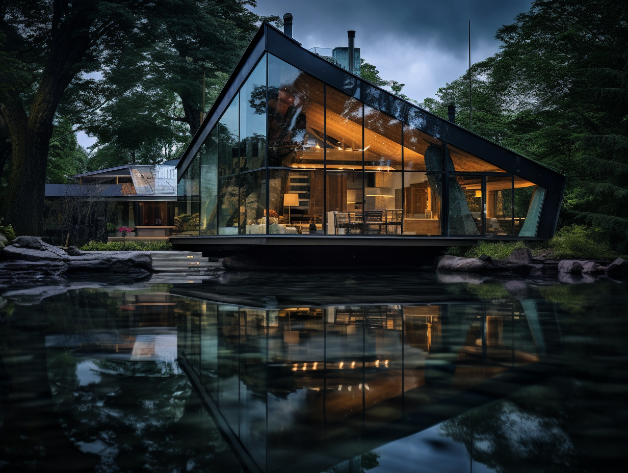 Beautiful glass lakehouse near the lake