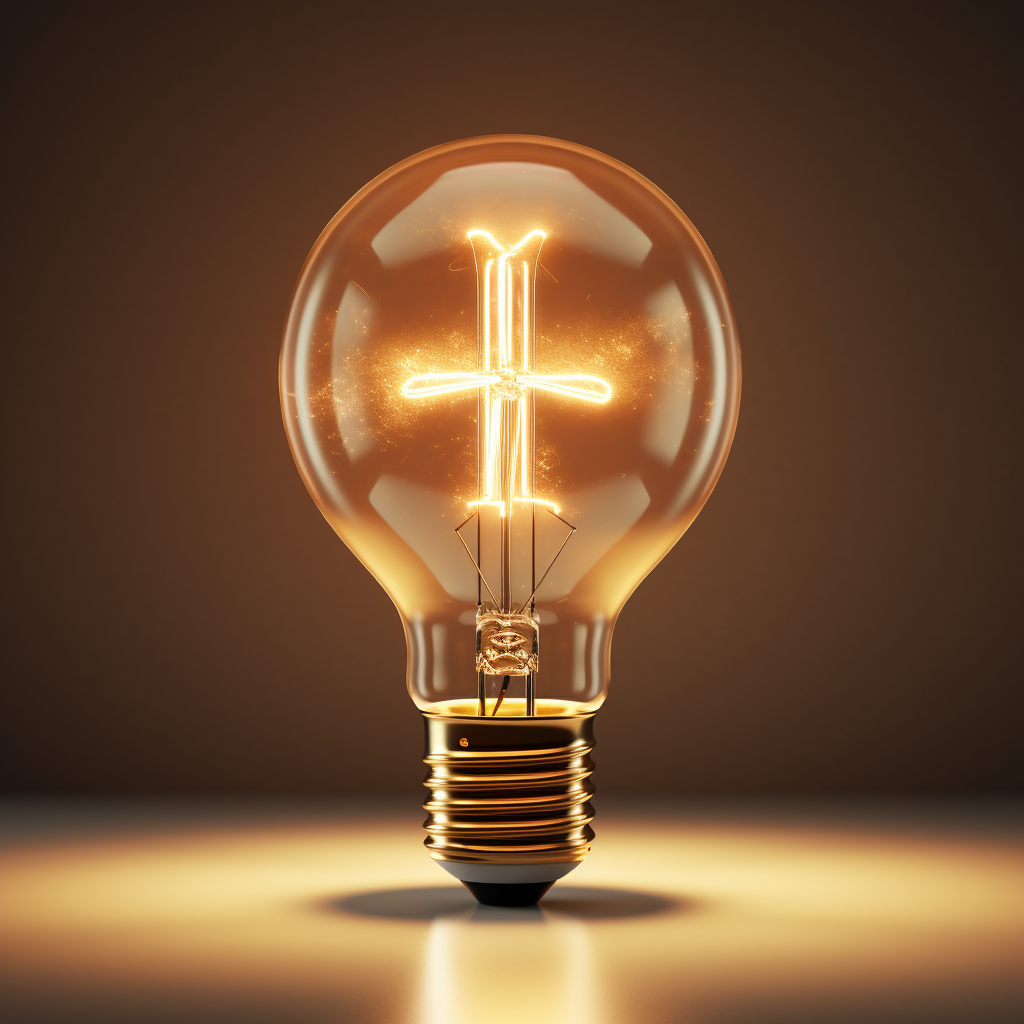 Realistic clear glass lightbulb with cross-shaped filament on gold background