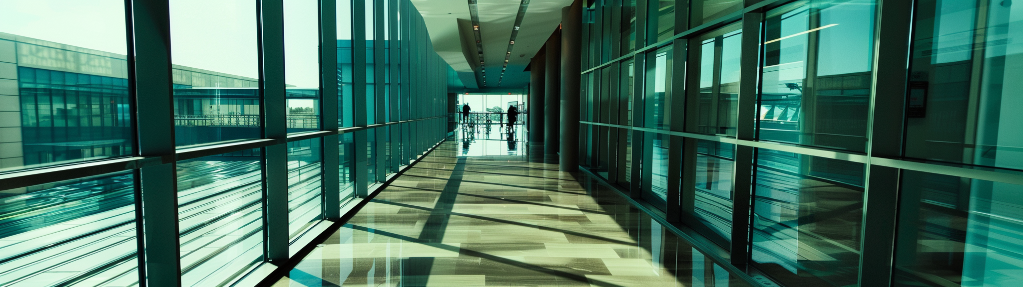 Wide glass lobby hallway view