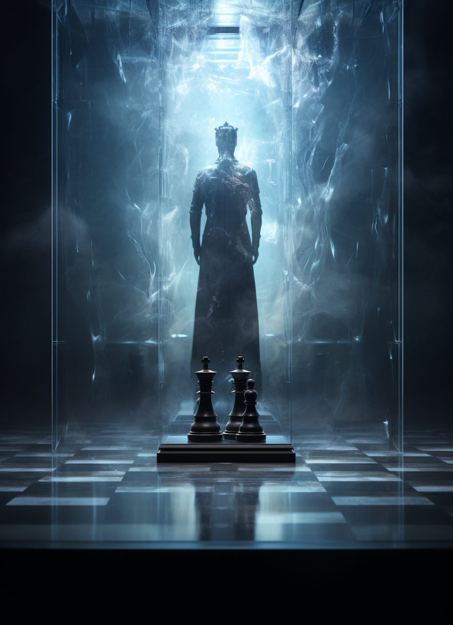 Glass man standing on chess table