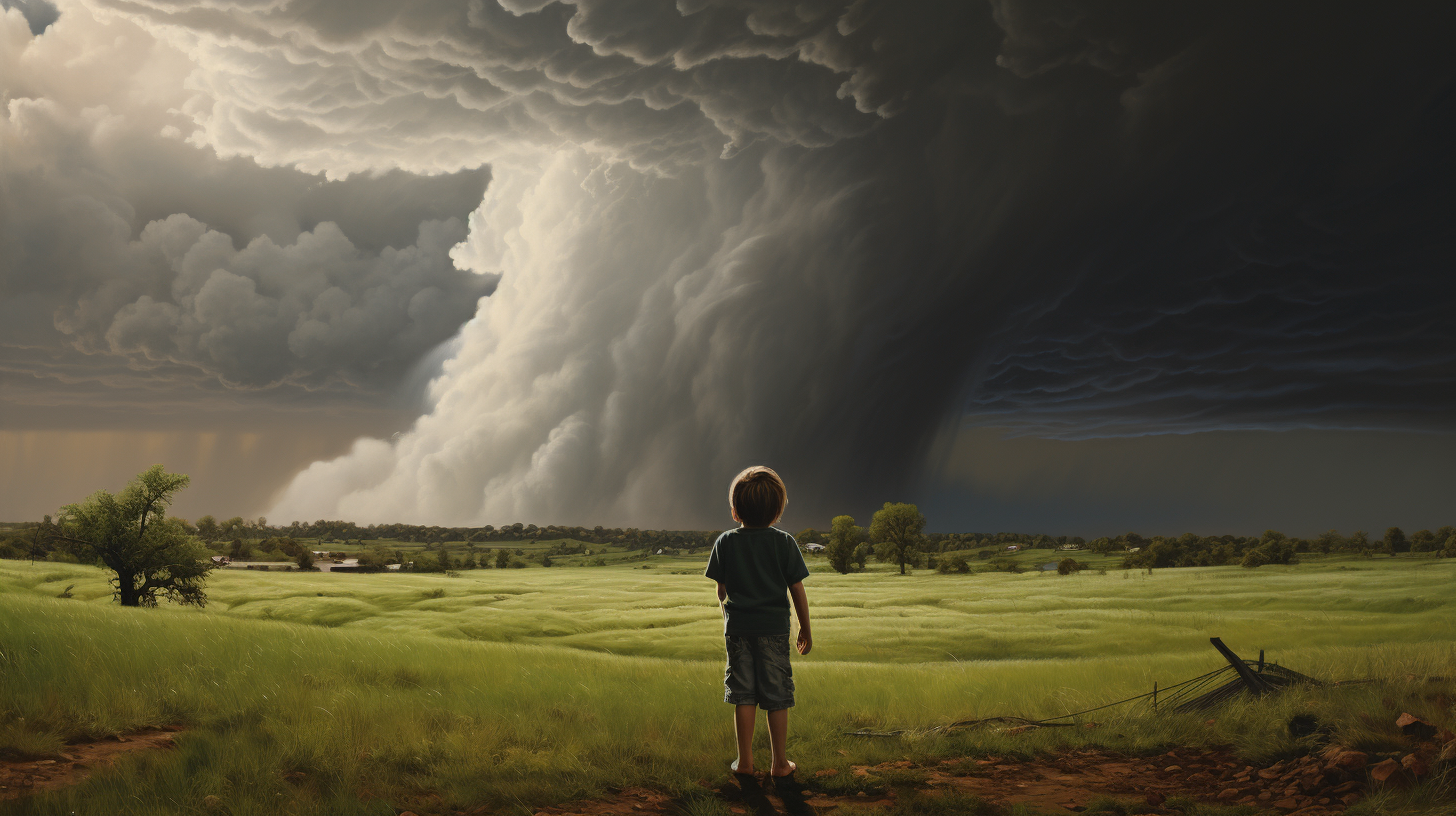 Boy gazing at captivating glass marble tornado