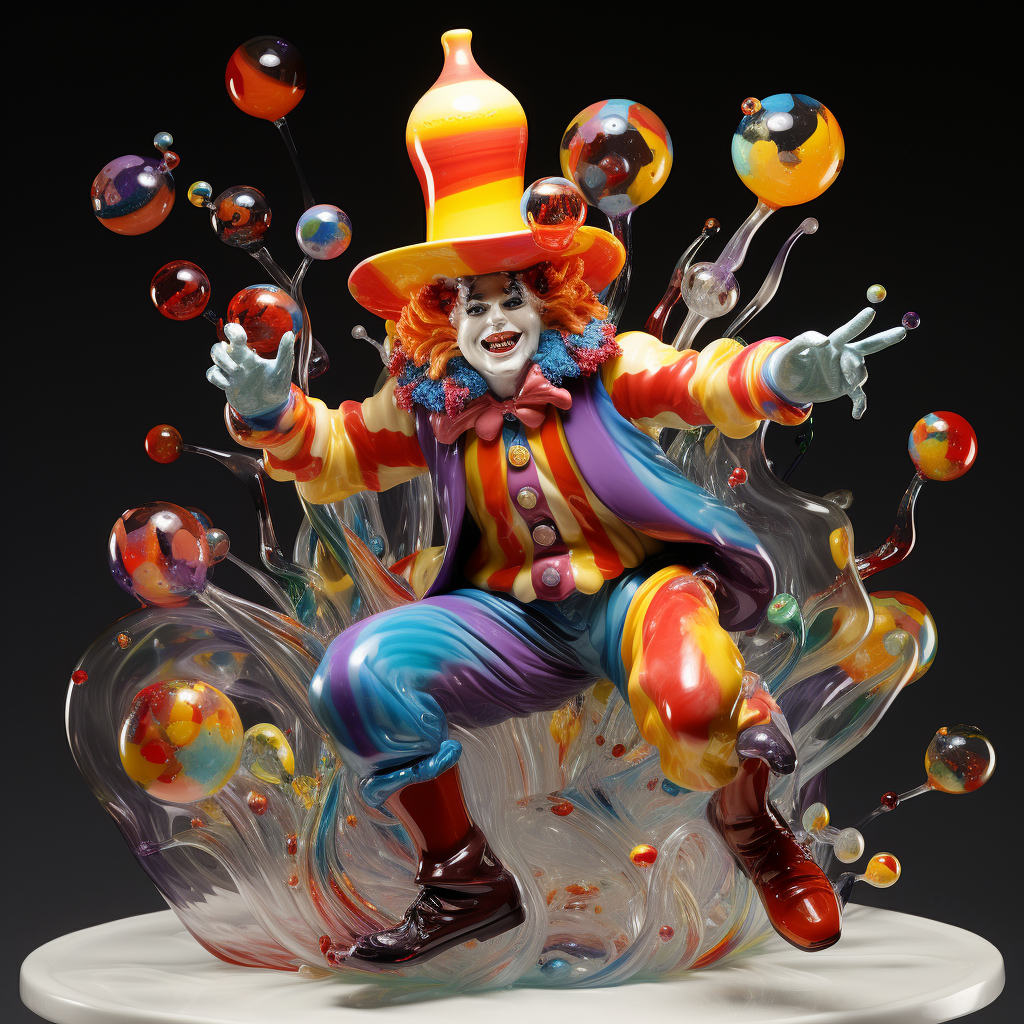 Whimsical glass sculpture of a clown parading in the cosmos