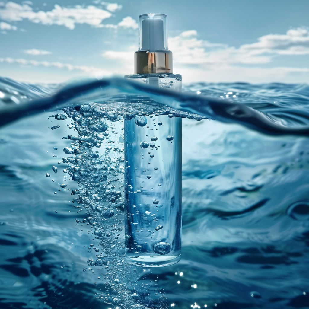 Serum bottle underwater blue sea