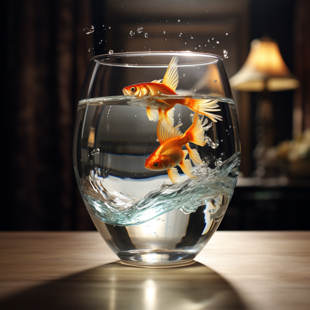 Glass water with canary and goldfish on table