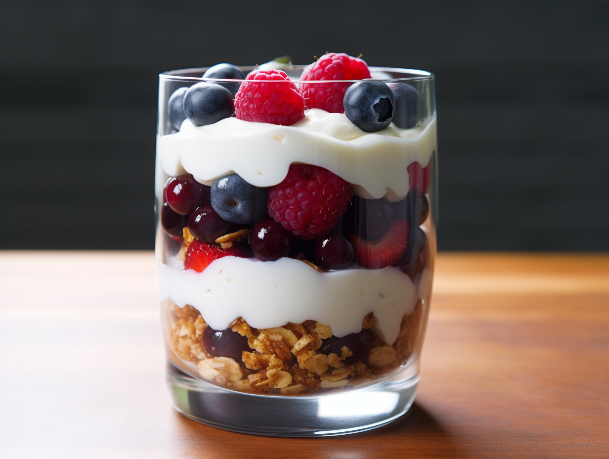 Glass of Greek yogurt with granola and mixed berries