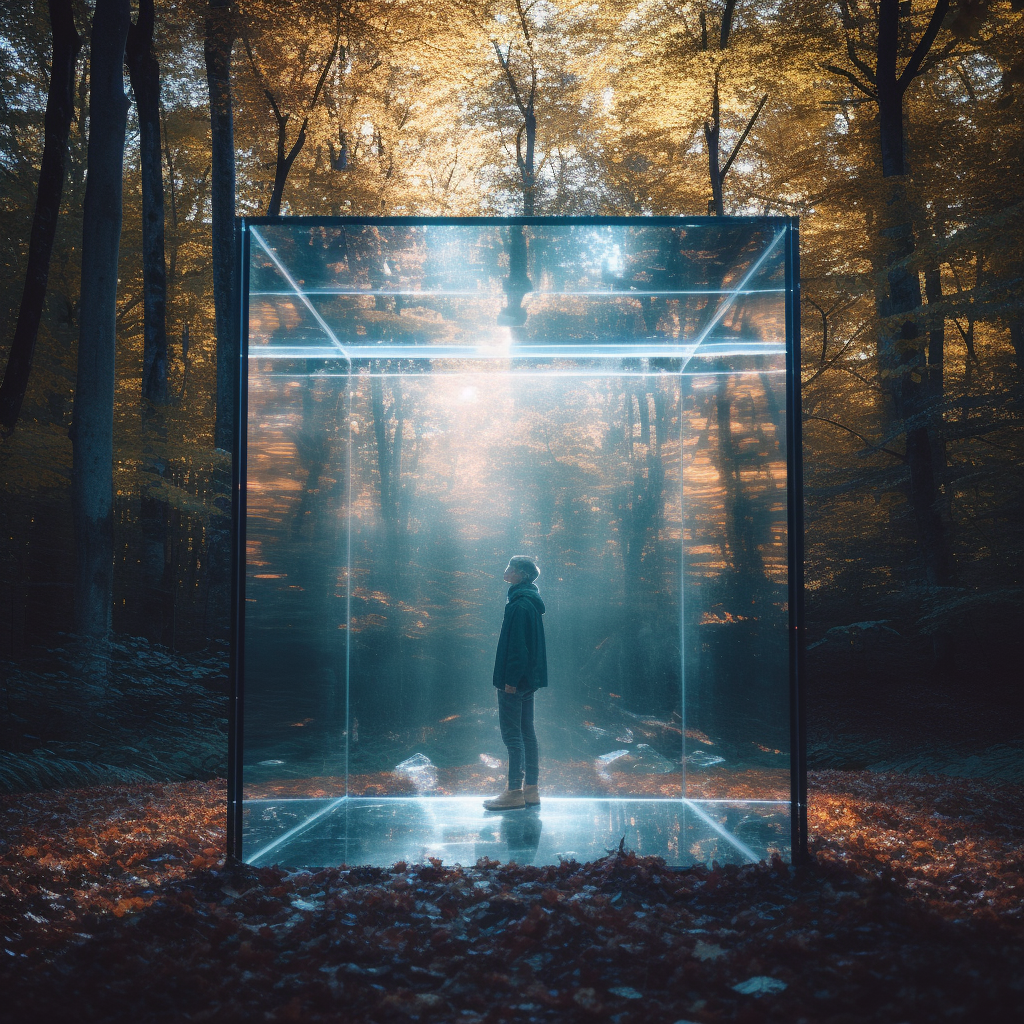 Person inside glass cube surrounded by nature