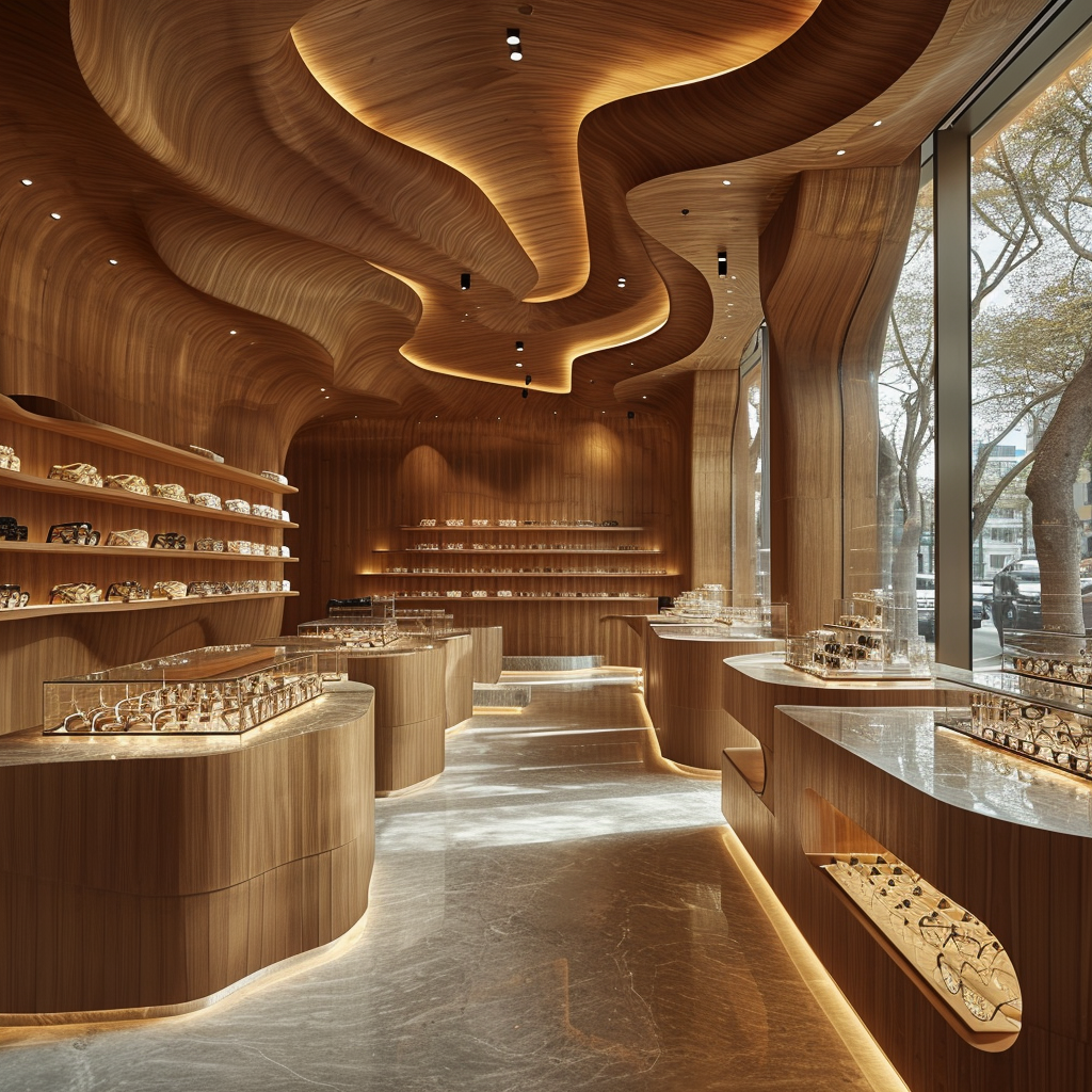 Glasses store interior with wood, concrete, and glass elements