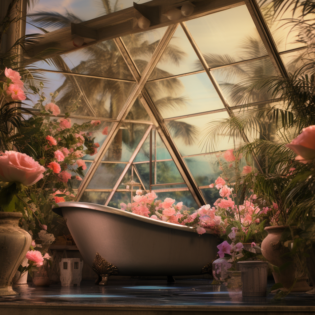 Beautiful Glasshouse with Roses and Triangle Bathtub