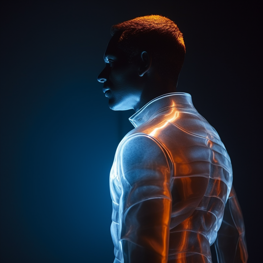 Elegant glassy human figure in indirect light.