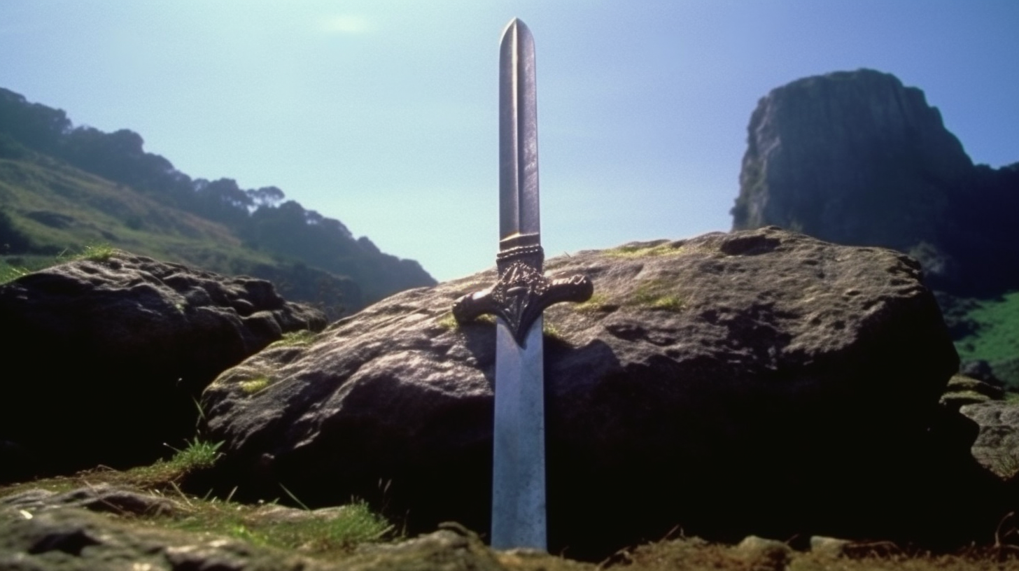 Gleaming sword in giant boulder