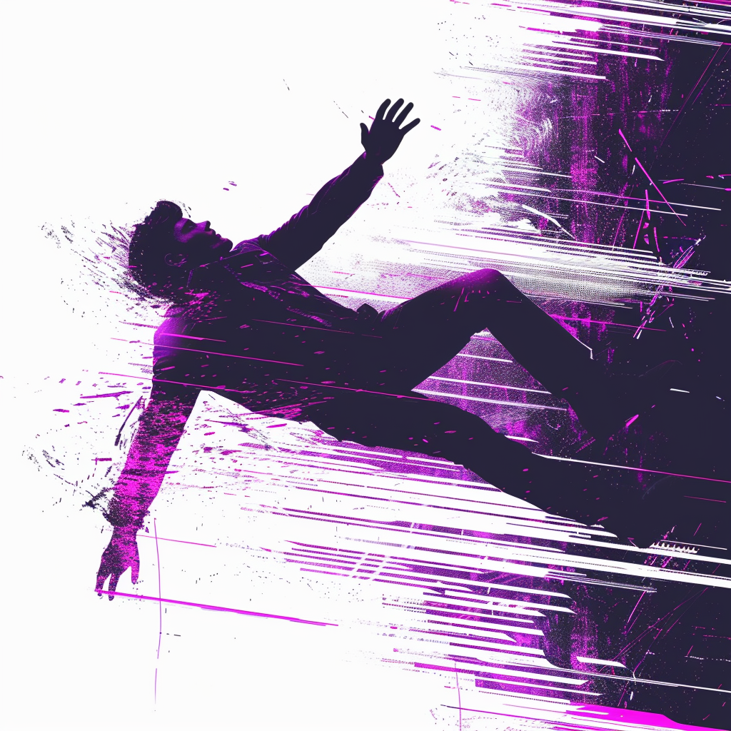 Purple glitchy man falling silhouette