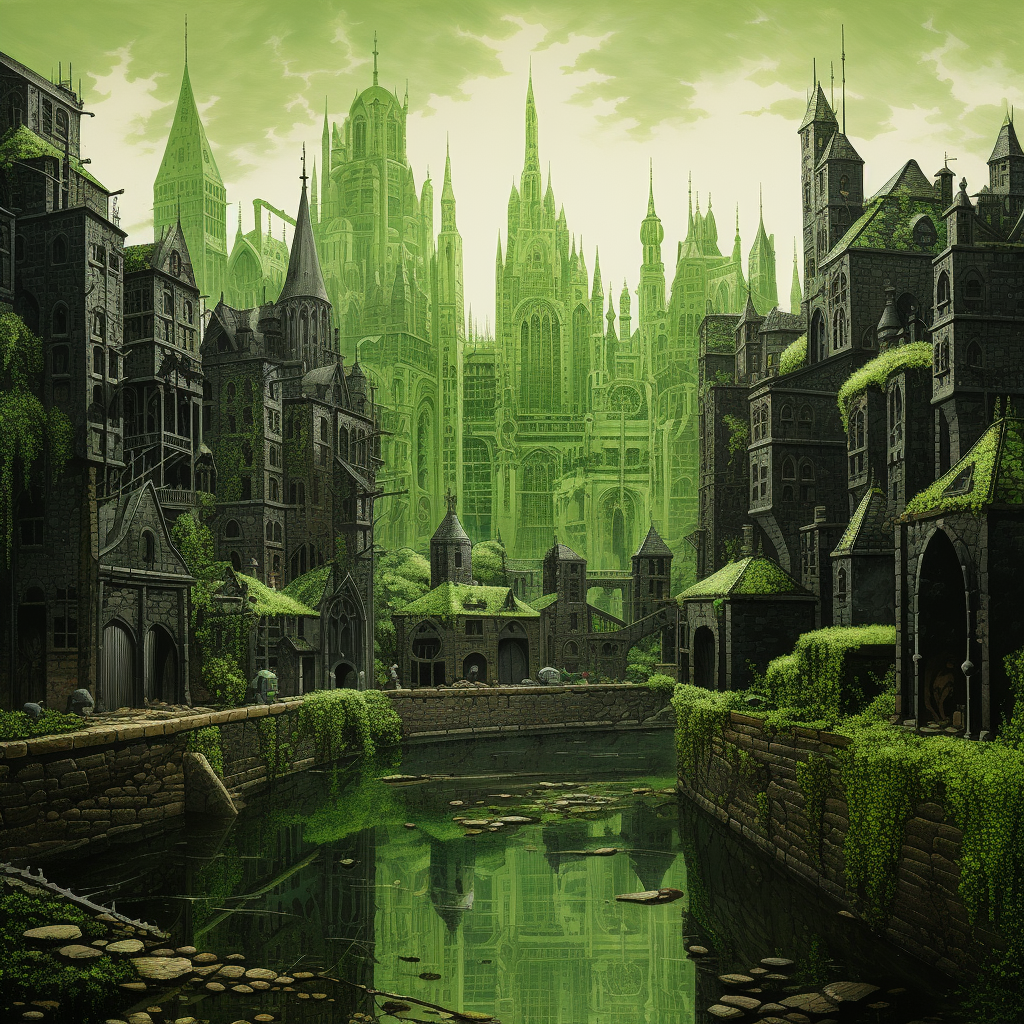 Old buildings in glittering green stone