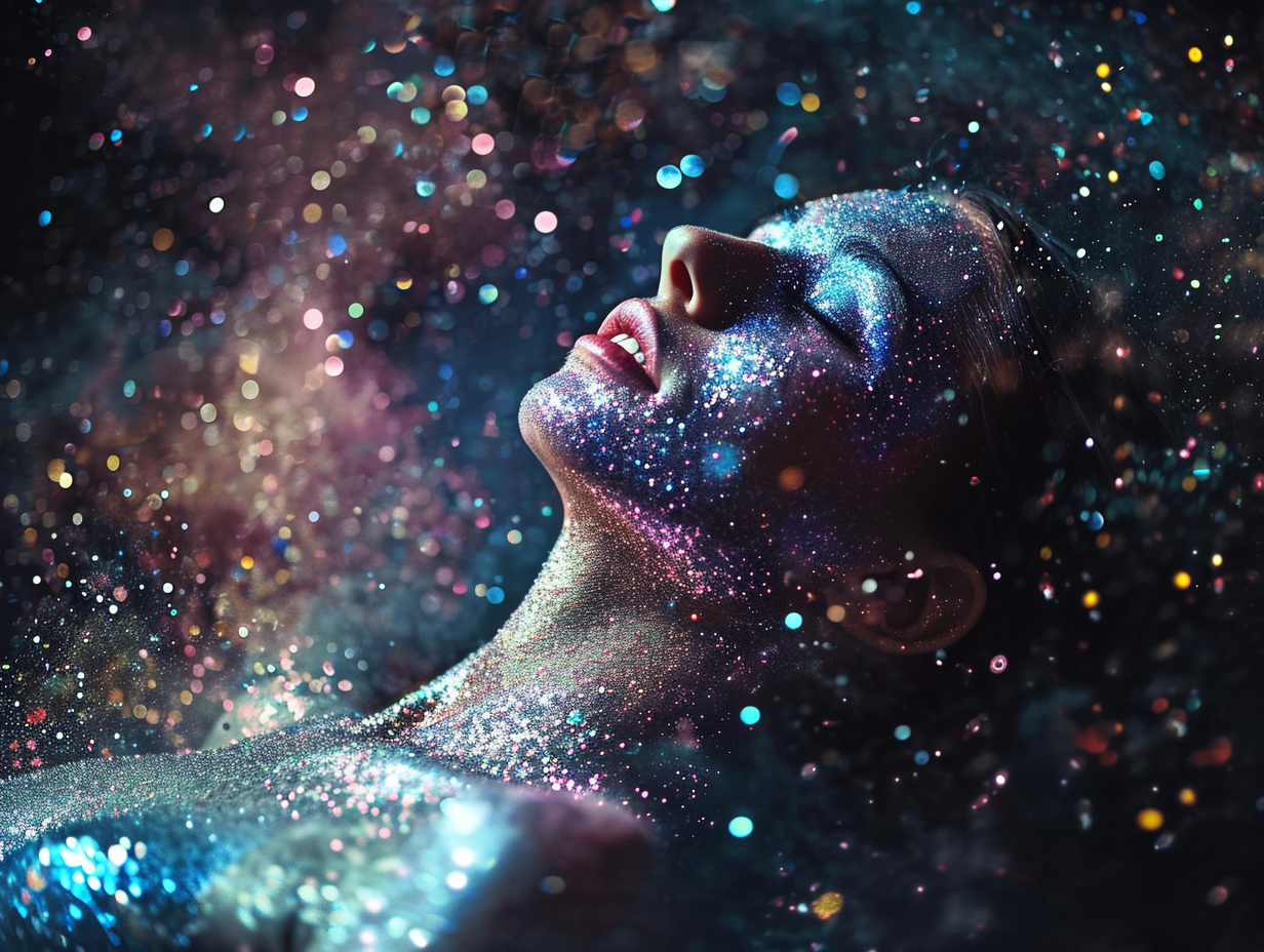 Beautiful woman covered in glitter floating through space