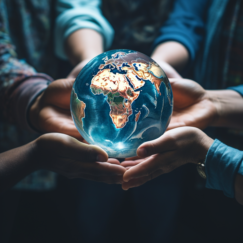 Hands holding globe, diverse people from around the world