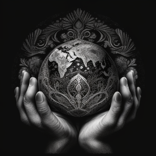 Black and white image of hands holding a globe