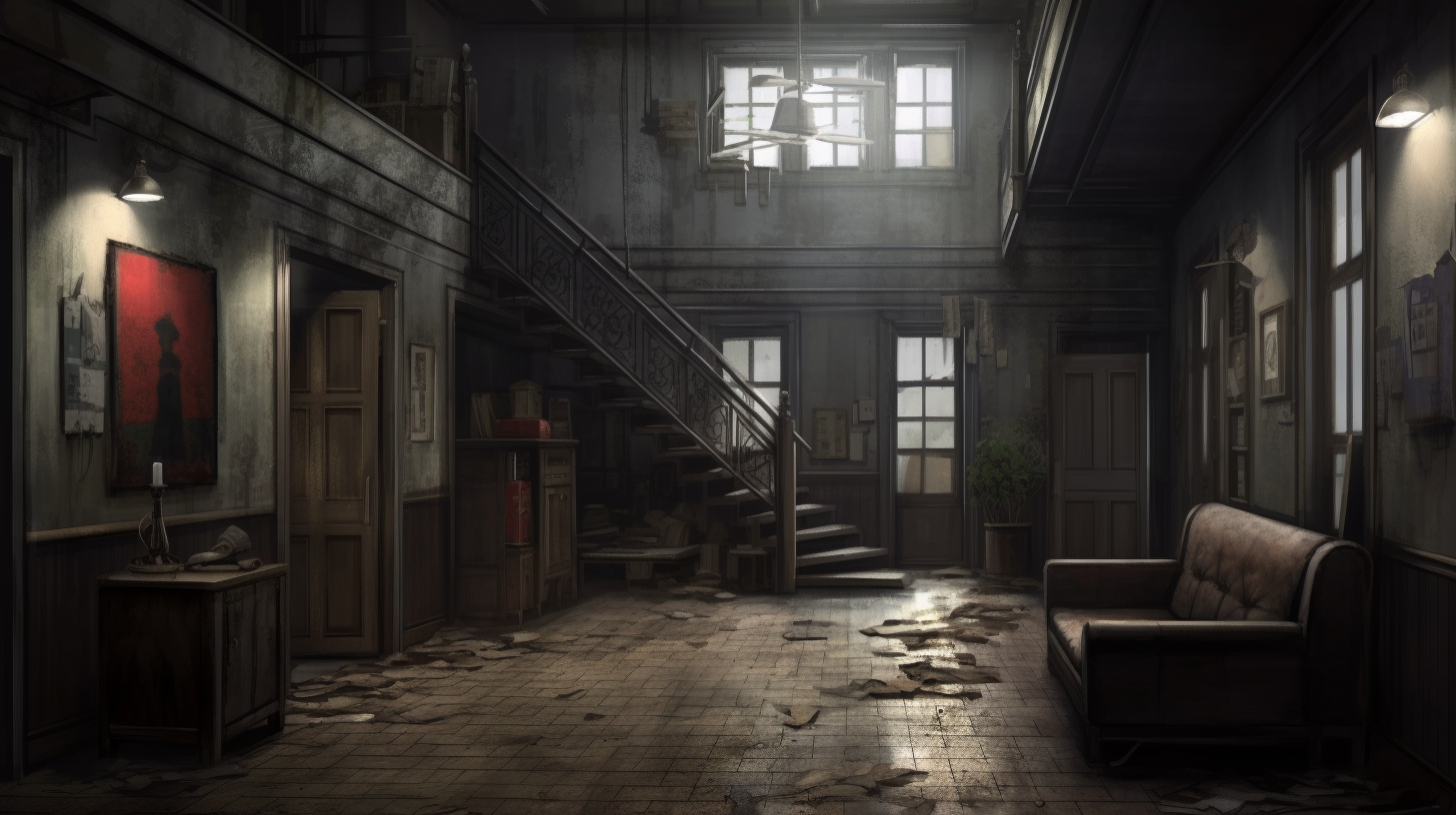 Gloomy apartment building interior scene