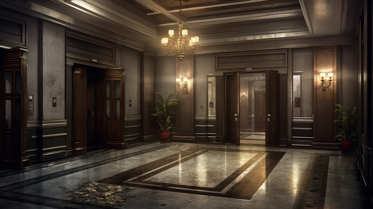 Dark and somber apartment building lobby