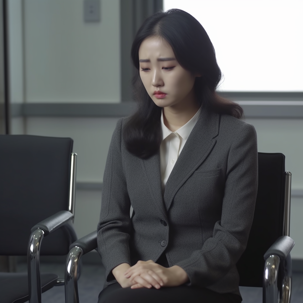 Sad Korean Office Woman Crying on Chair