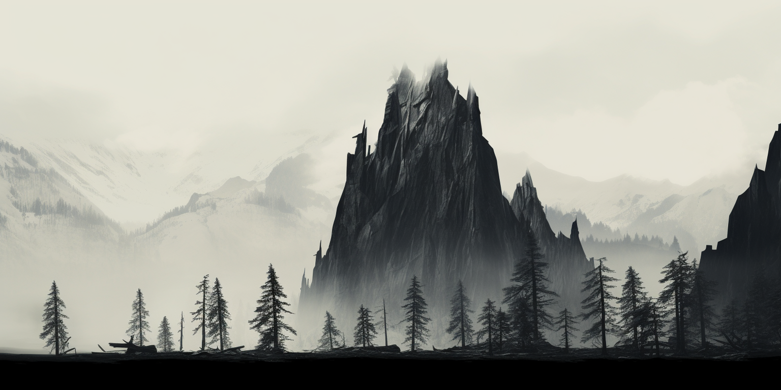 Spire of rock surrounded by dead trees in a foggy mountain landscape